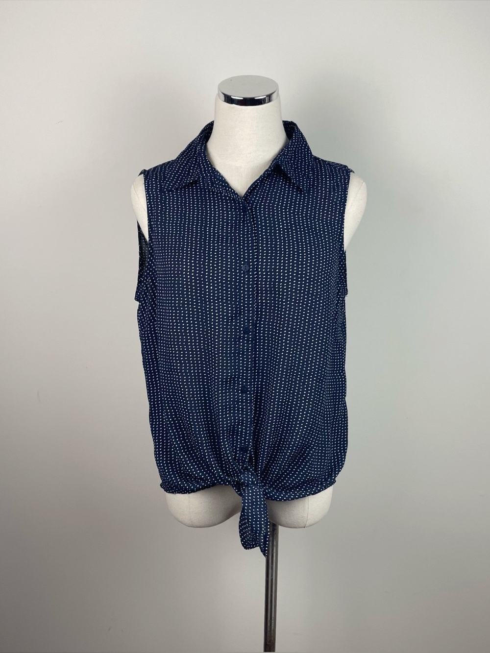 Adrianna Papell Navy Blue White Polka Dot Collared Sleeveless Blouse Top Medium